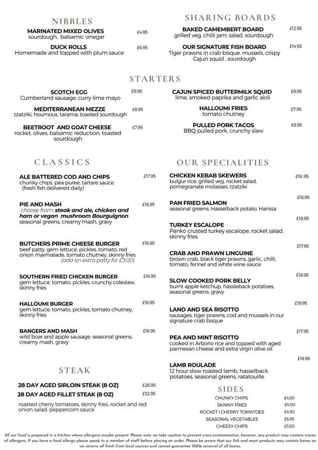 The Boars Head Menu