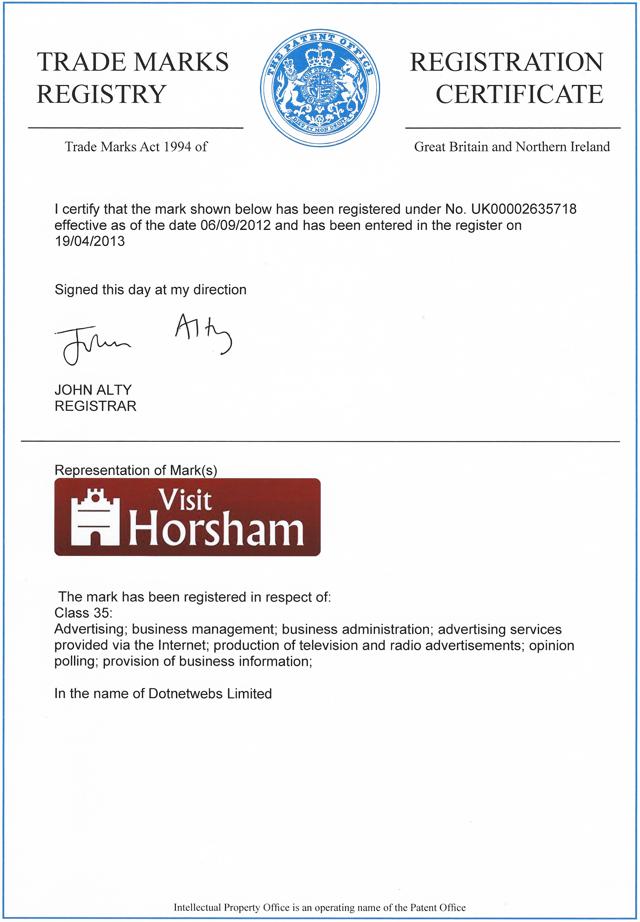 Visit Horsham Trademark Certificate