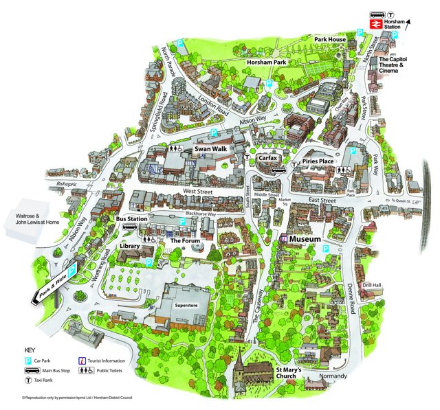 Illustrated map of Horsham town centre showing the main streets, shopping areas and car parks